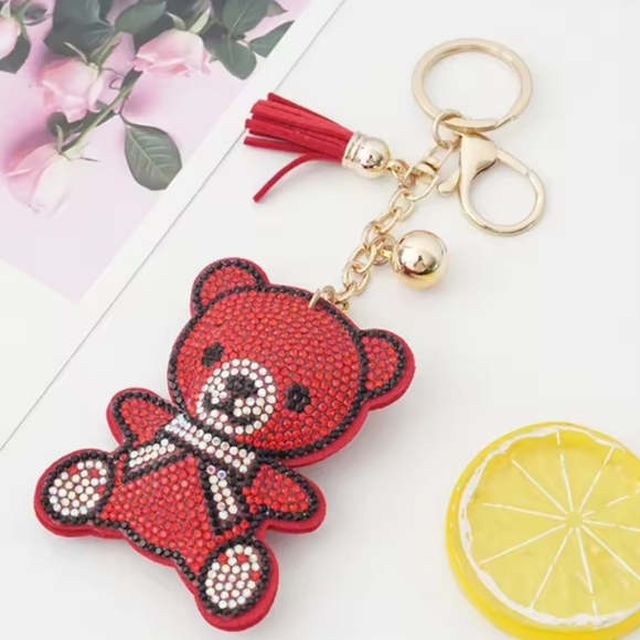 Bling Teddy Bear Crystal Rhinestone Keychain Bag Charm With Red Tassel - Picture 3 of 15
